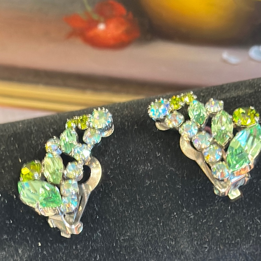 Made in Austria Sparkling Green Rhinestone/AB Clip Earrings Crawlers-Vintage- 1”